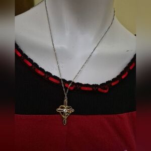 Silver Tone And Gold Tone Colored Rhinestone Cross Necklace